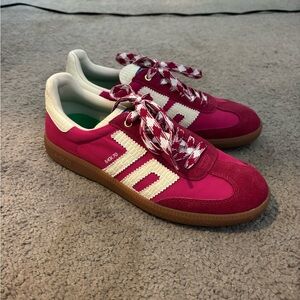 Women's Magenta Suede Retro-Style Sneakers with Cream Stripes